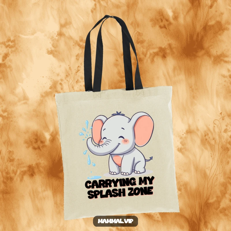 Funny Tote Bag with a grinning elephant character spraying water, a practical and humorous accessory for carrying your items with a playful spirit.