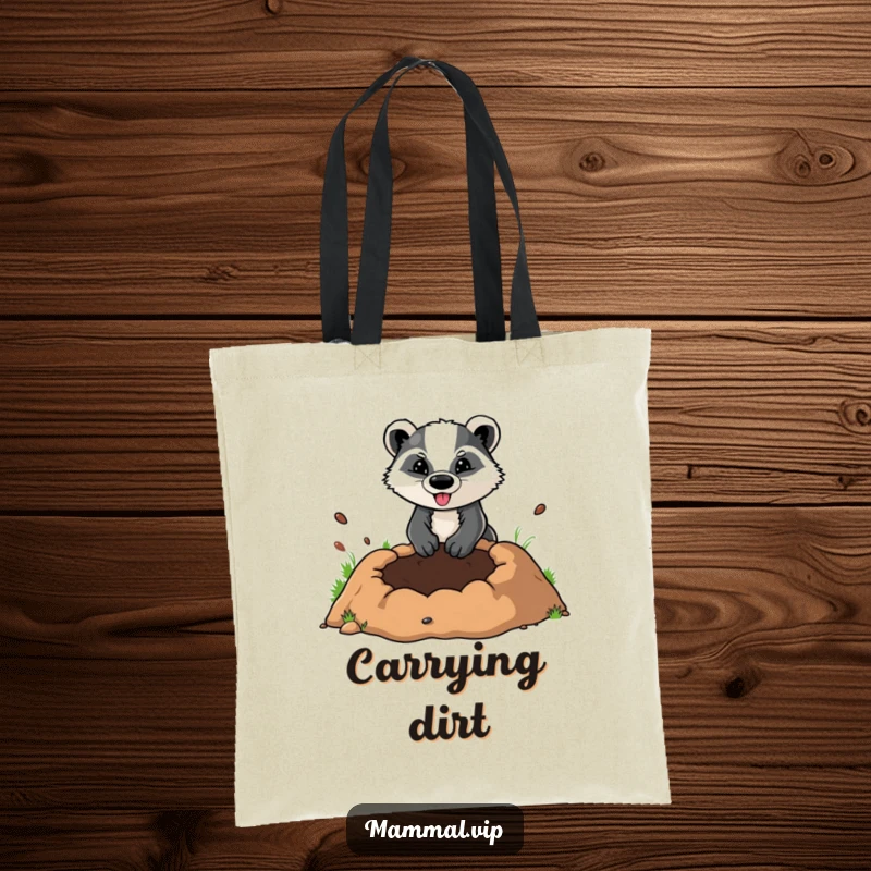 Funny tote bag design of a determined badger character digging a large hole, a practical accessory for motivated individuals.