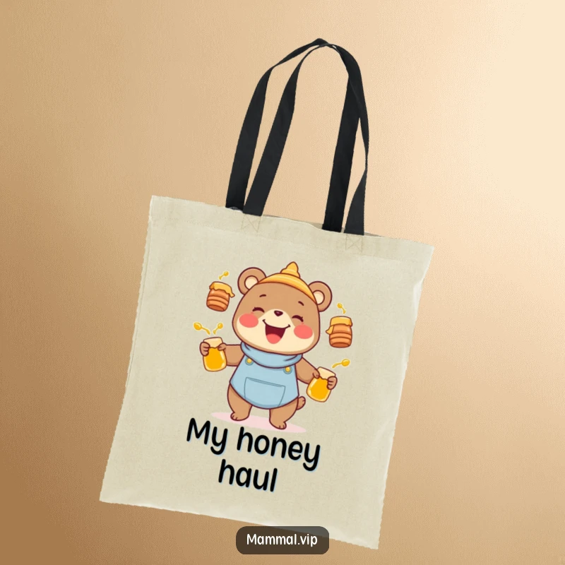 Funny joyful bear character juggling honey pots on a tote bag, a humorous animal accessory and honey lover gift.