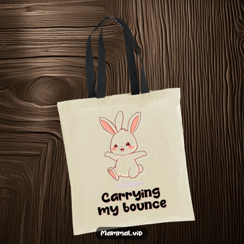 Funny Tote Bag showcasing a cheerful rabbit character joyfully bouncing on its hind legs, perfect for errands and daily use.