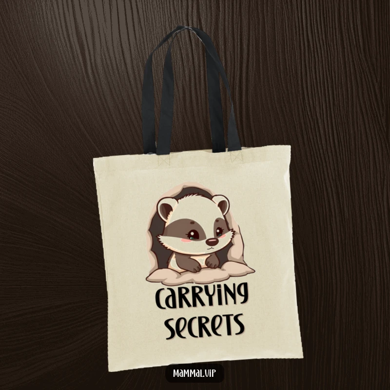 Funny tote bag with a curious badger peeking from its burrow entrance, ready for exploration and everyday tasks.