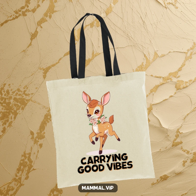 Funny deer fawn with a flower garland, prancing on a tote bag. A cute and funny gift.