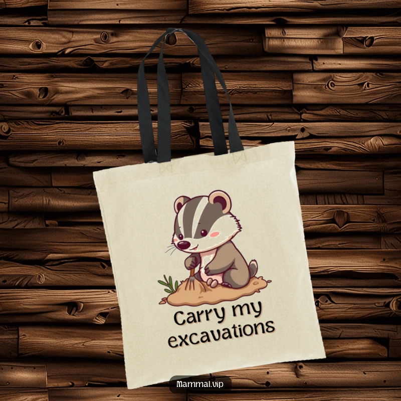 Funny energetic badger tote bag featuring a determined character digging enthusiastically in soft soil, a practical and motivational accessory.