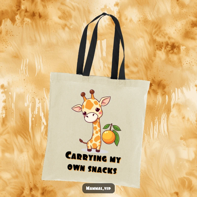 Funny tote bag showcasing a cute giraffe character comically stretching for a low-hanging fruit, perfect for carrying essentials with humor.