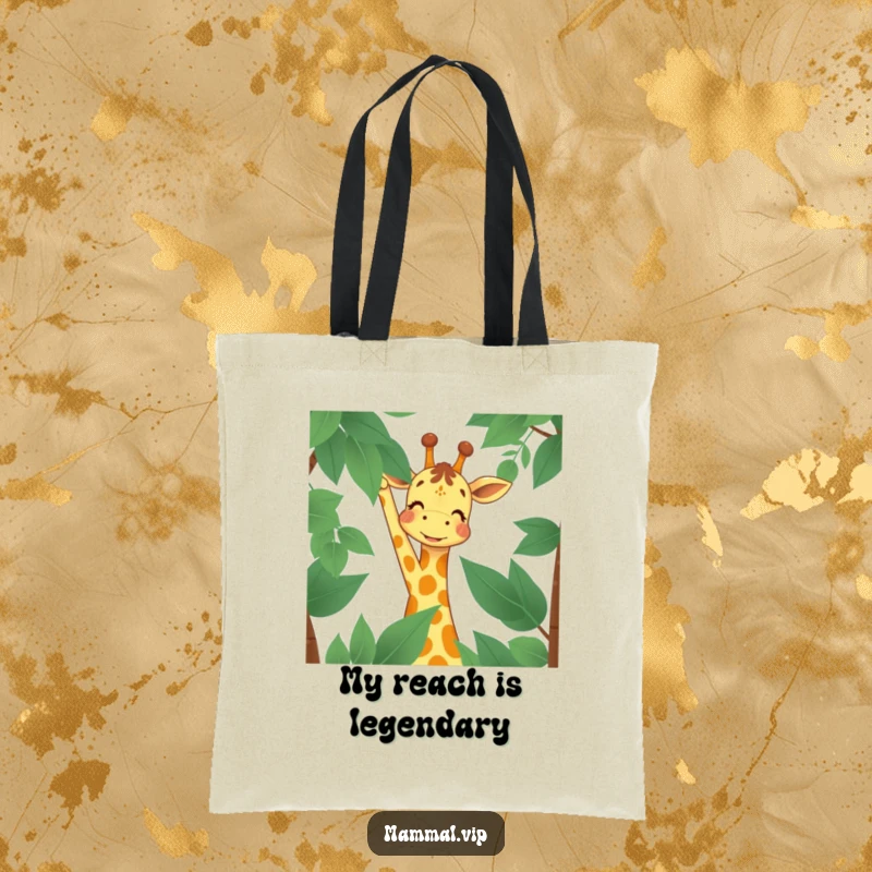 Funny Tote Bag with a joyful giraffe character reaching for high leaves, a practical and humorous accessory for carrying your items with a positive attitude.