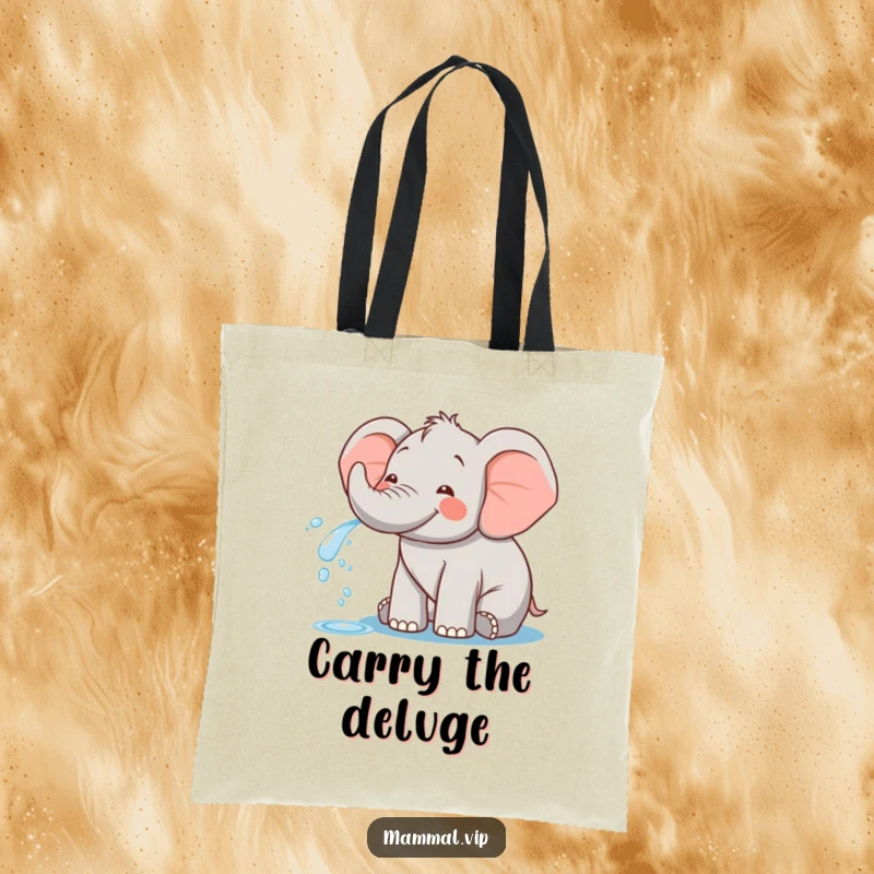 Funny tote bag with a happy elephant character playfully spraying water from its trunk, perfect for carrying essentials with a splash of fun.