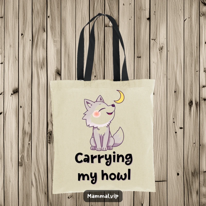 Funny wolf tote bag featuring a cheerful animal howling with glee at a luminous crescent moon, perfect for carrying fun.