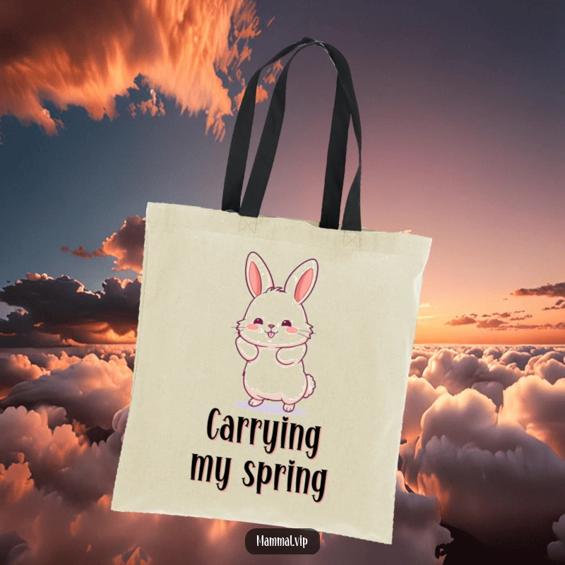 Funny Jumping Rabbit Tote Bag showing a fluffy rabbit in a dynamic jumping pose with hind legs extended, perfect for daily use.
