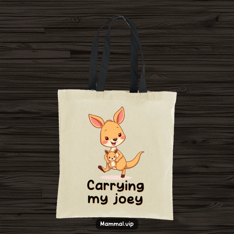 Funny kangaroo tote bag with an energetic character and joey in pouch, a practical and humorous accessory for carrying daily essentials.