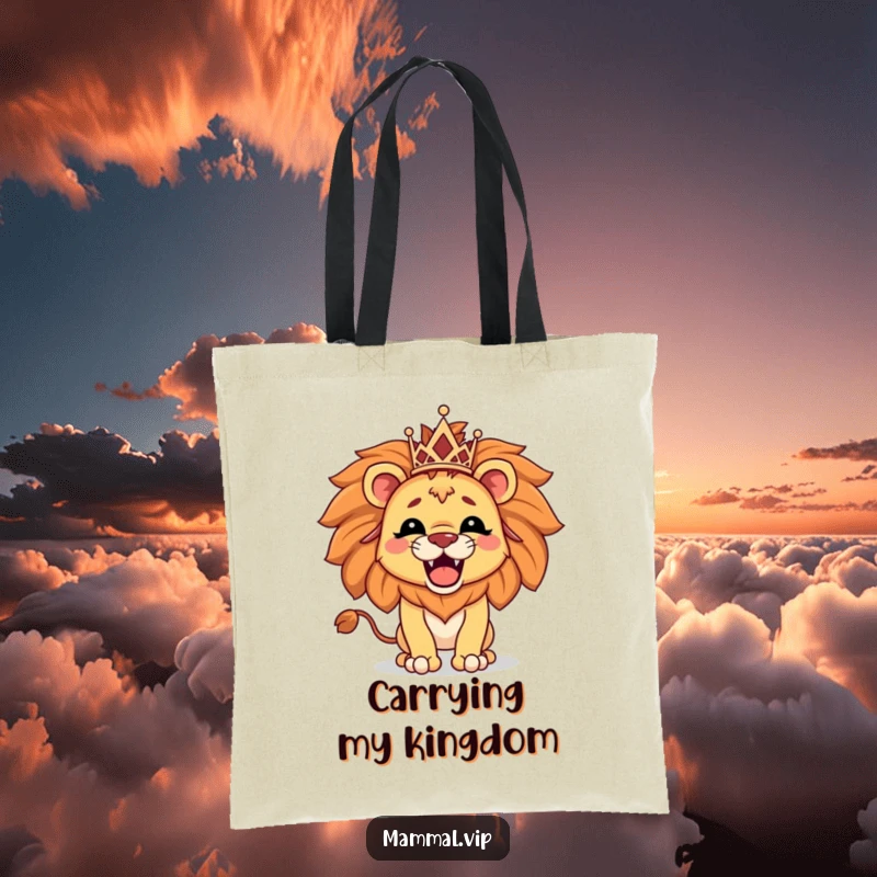 Funny tote bag showing a proud lion character wearing a tiny tiara and roaring, ideal for carrying items with style.