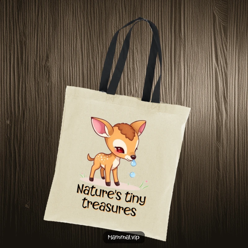 Funny shy deer fawn tote bag featuring a gentle character cautiously sniffing a dewdrop, a charming and practical accessory for nature lovers.