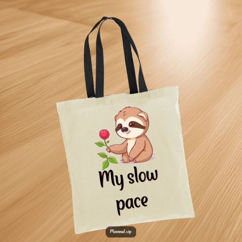 Funny tote bag displaying a smiling sloth character slowly reaching for a distant berry, a humorous and practical accessory.
