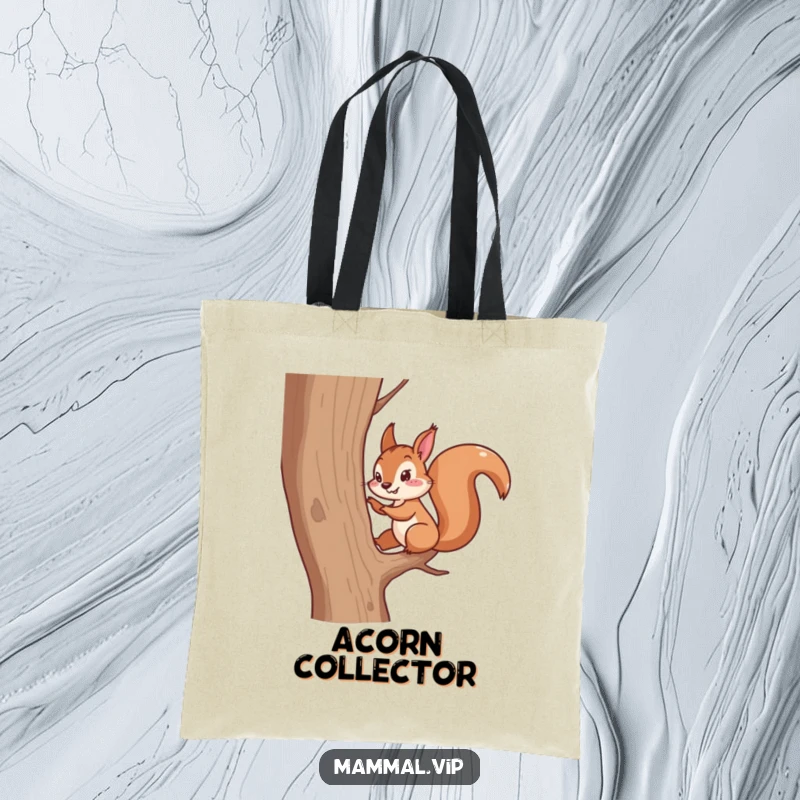 Funny tote bag featuring a squirrel character quickly scampering up a tree. A humorous and practical bag for nature lovers.