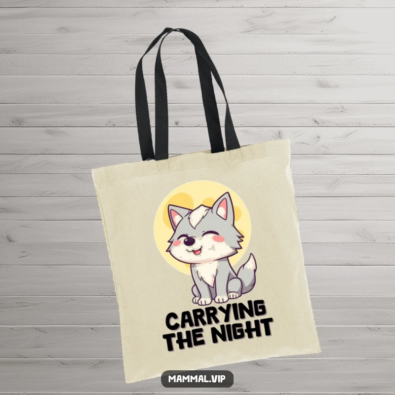 Funny tote bag featuring a winking wolf serenading a full moon with a happy howl, adding a touch of whimsy to errands.