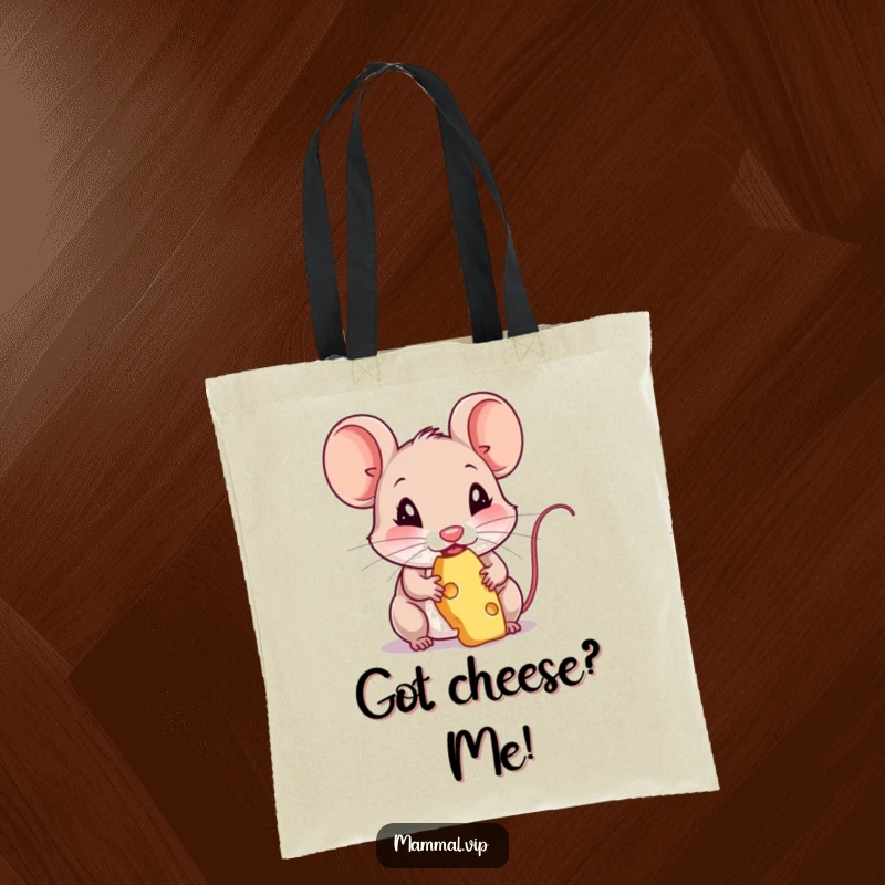 Funny tote bag featuring a mouse character enjoying a piece of cheese. A humorous and practical bag for animal lovers.