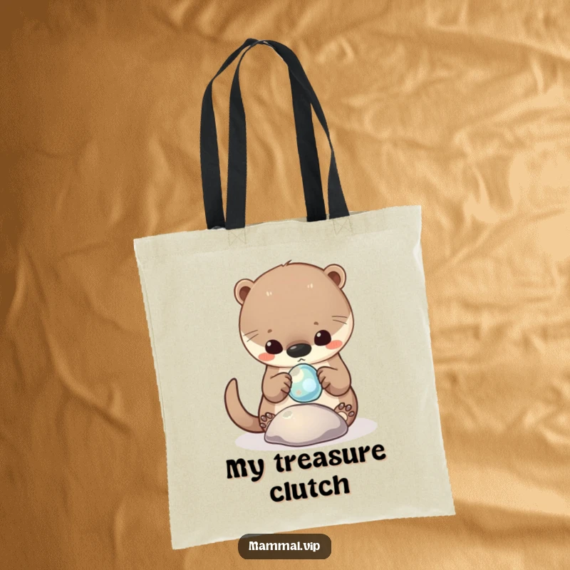Funny Tote Bag showcasing a curious otter character playing with a shiny, floating pebble, perfect for daily errands.