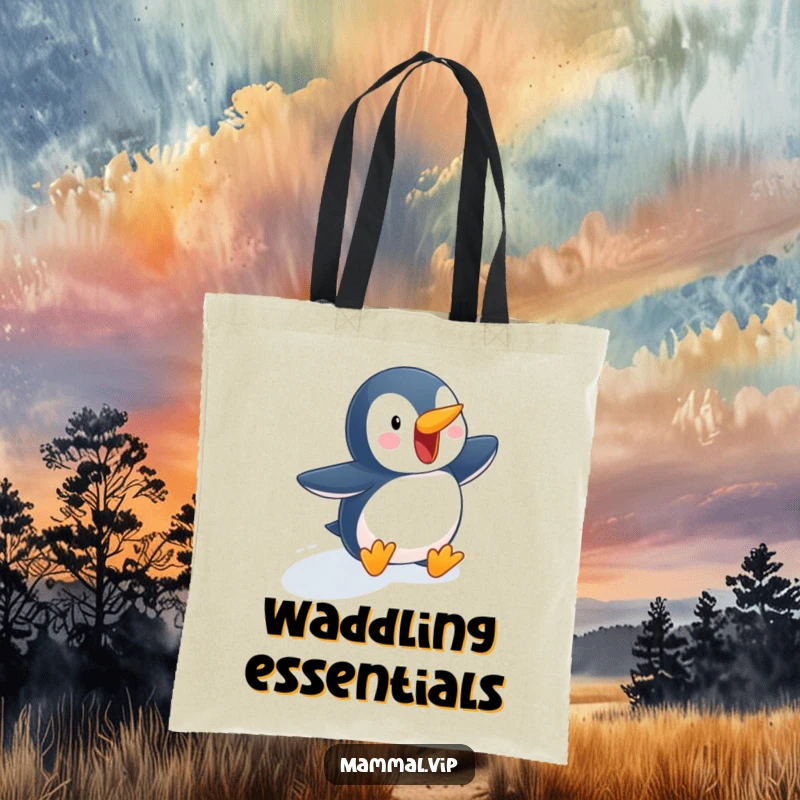 Funny penguin tote bag with an excited character waddling down a snowy slope, a practical and humorous accessory for winter outings and everyday use.
